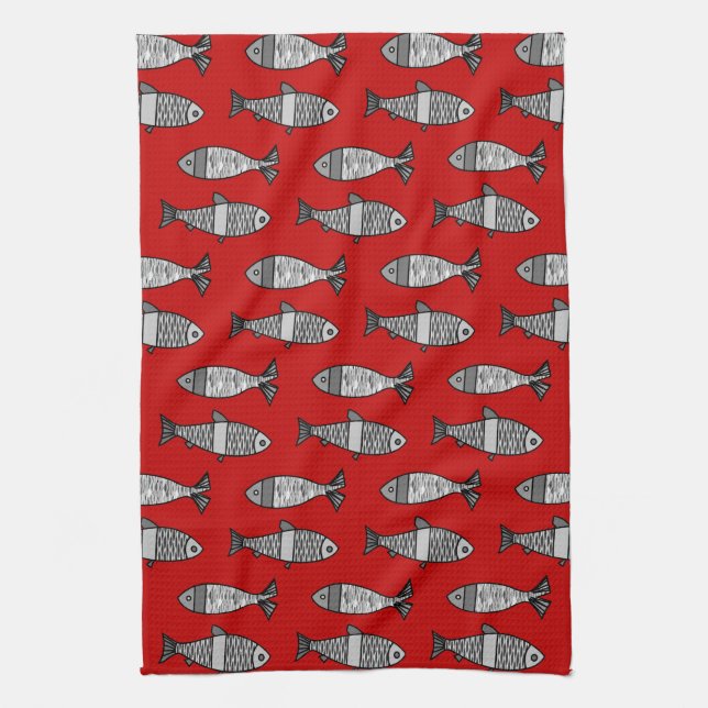Retro Modern Fish, Deep Red and Grey / Grey Kitchen Towel (Vertical)