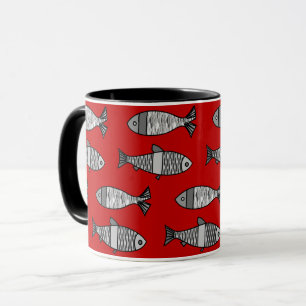 Retro Modern Fish, Deep Red and Grey / Grey Mug