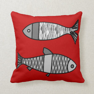Retro Modern Fish, Deep Red and Grey / Grey Throw Pillow