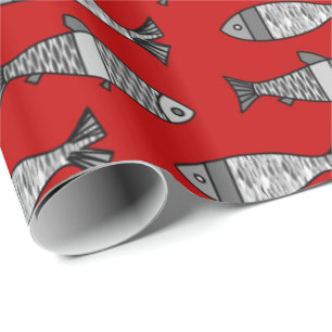 Retro Modern Fish, Deep Red and Grey / Grey Wrapping Paper
