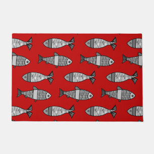 Retro Modern Fish, Deep Red & Grey / Grey Doormat