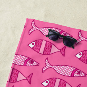 Retro Modern Fish, Fuchsia and Light Pink Beach Towel