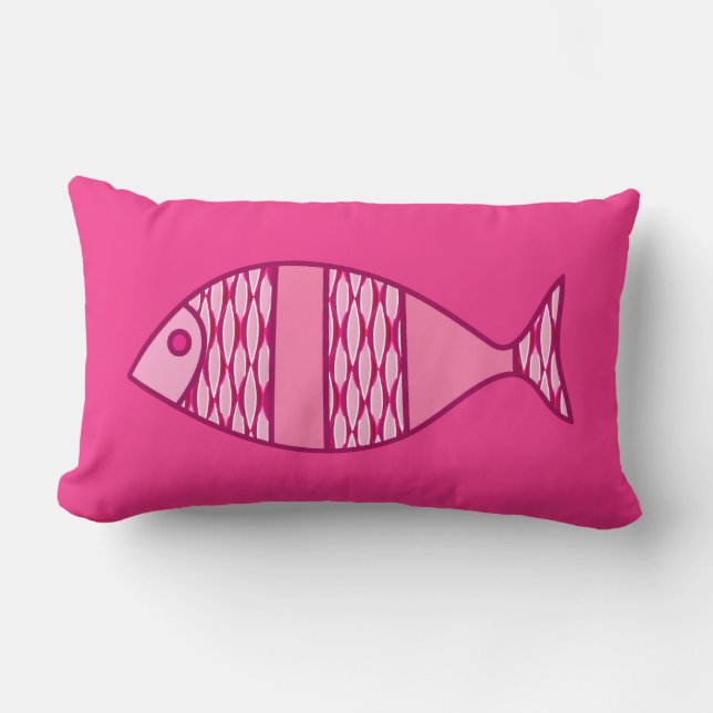 Retro Modern Fish, Fuchsia, Light Pink, Deep Pink Lumbar Pillow (Front)