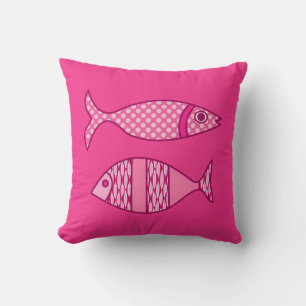 Retro Modern Fish, Fuchsia, Light Pink, Deep Pink Throw Pillow