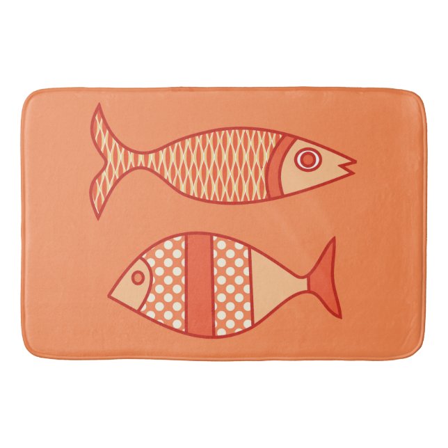 Retro Modern Fish, Light Coral Orange & Tangerine Bath Mat (Front)