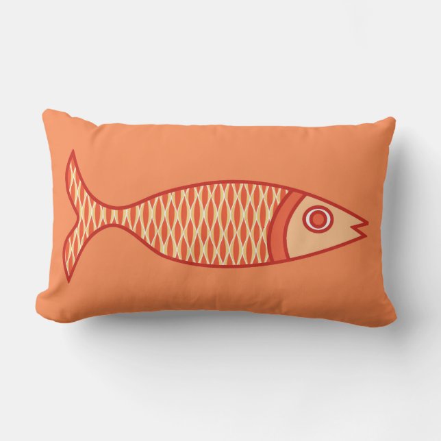 Retro Modern Fish, Light Coral Orange & Tangerine Lumbar Pillow (Front)