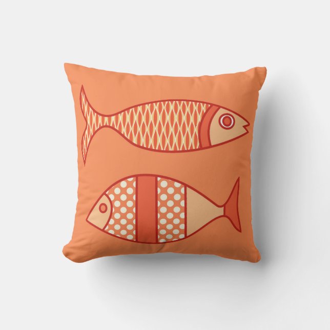 Retro Modern Fish, Light Coral Orange & Tangerine Throw Pillow (Front)
