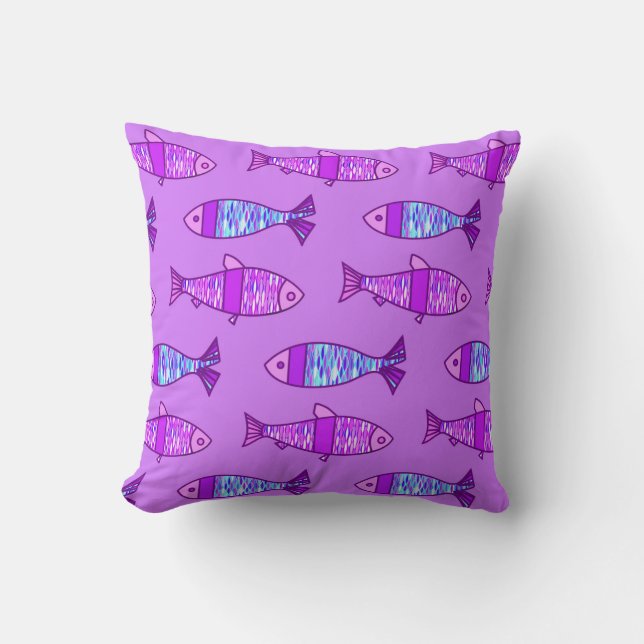 Retro Modern Fish Print, Amethyst Purple Throw Pillow (Front)