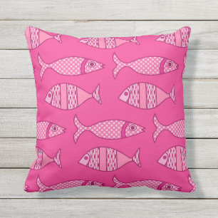 Retro Modern Fish Print, Fuchsia & Light Pink Outdoor Pillow
