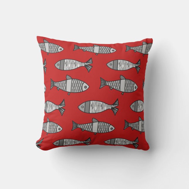 Retro Modern Fish Print, Red and Grey / Grey Throw Pillow (Front)