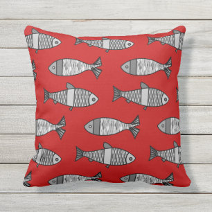 Retro Modern Fish Print, Red and Grey / Grey Throw Pillow