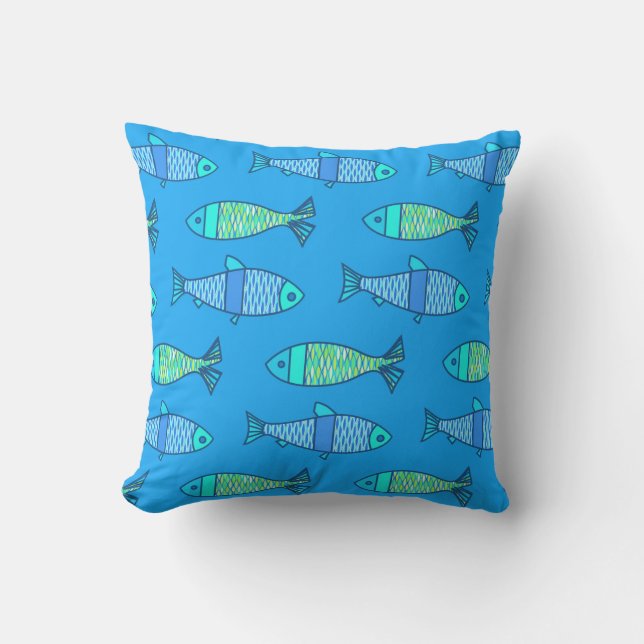 Retro Modern Fish Print, Turquoise and Blue Outdoor Pillow (Front)