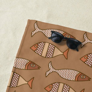 Retro Modern Fish, Tan, Beige and Light Brown Beach Towel