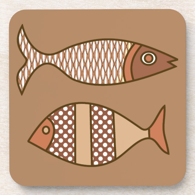 Retro Modern Fish, Tan, Beige and Light Brown Coaster (Front)