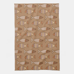 Retro Modern Fish, Tan, Beige and Light Brown Kitchen Towel