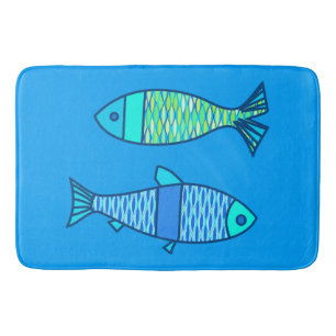 Retro Modern Fish, Turquoise and Cerulean Blue Bath Mat