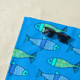 Retro Modern Fish, Turquoise and Cerulean Blue Beach Towel