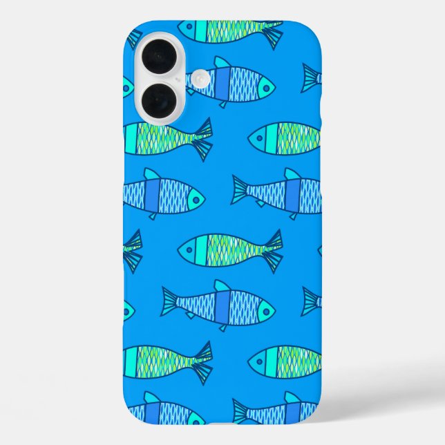 Retro Modern Fish, Turquoise and Cerulean Blue Case-Mate iPhone Case (Back)