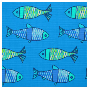 Retro Modern Fish, Turquoise and Cerulean Blue Fabric