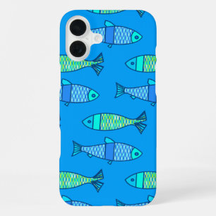 Retro Modern Fish, Turquoise and Cerulean Blue iPhone 16 Plus Case