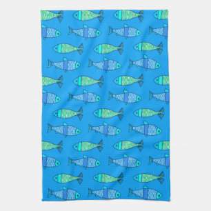 Retro Modern Fish, Turquoise and Cerulean Blue Kitchen Towel