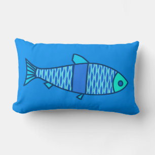 Retro Modern Fish, Turquoise and Cerulean Blue Lumbar Pillow
