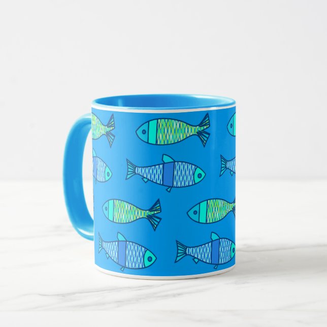 Retro Modern Fish, Turquoise and Cerulean Blue Mug (Front Left)