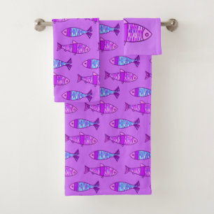 Retro Modern Fish, Violet, & Amethyst Purple Bath Towel Set