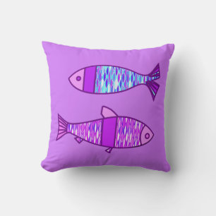 Retro Modern Fish, Violet, and Amethyst Purple Throw Pillow