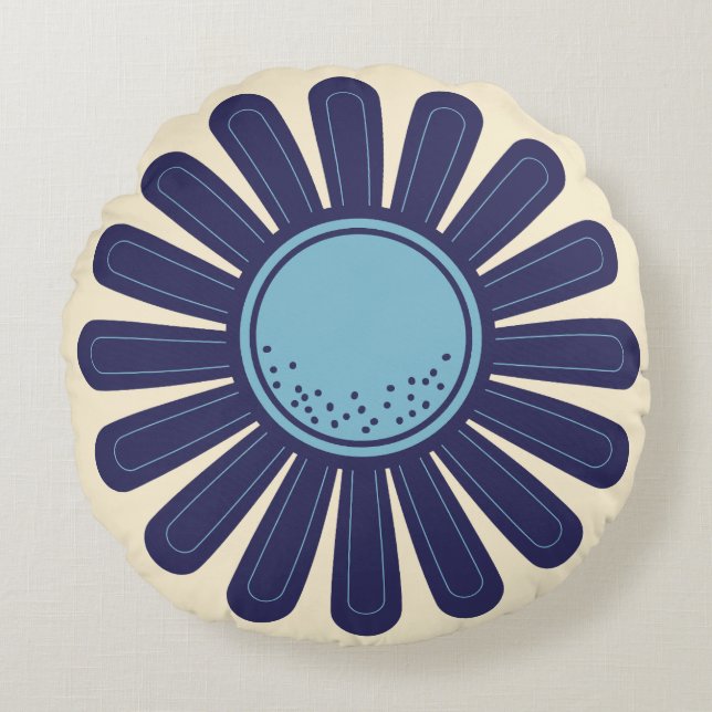 Retro Modern Geometric Daisy Flower Blue and Cream Round Pillow (Front)