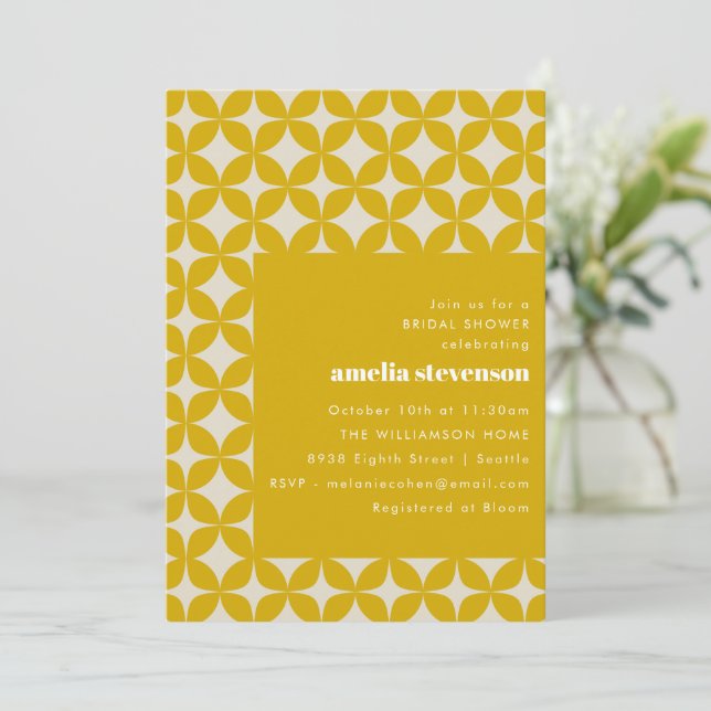 Retro Modern Geometric Shapes Yellow Bridal Shower Invitation (Standing Front)