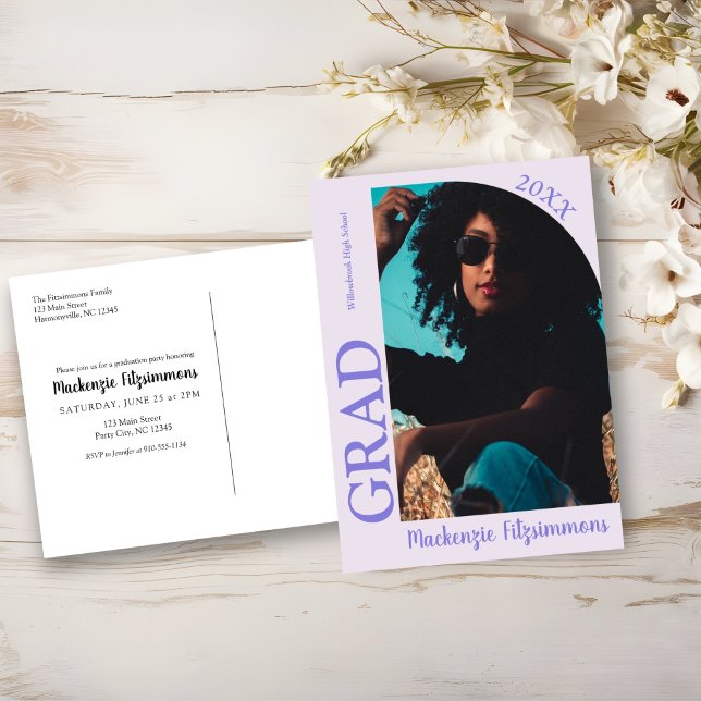 Retro Modern Graduation Invitation Postcard (Y2K Purple Retro Modern Graduation Invitation Postcard)