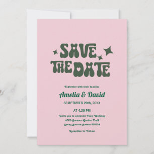 retro modern groovy pink,green wedding invitation