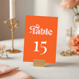 Retro Modern Groovy Script Coral Pink Orange Table Number