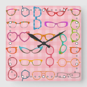 Retro Modern Hipster Eyeglasses Pink Gingham Square Wall Clock