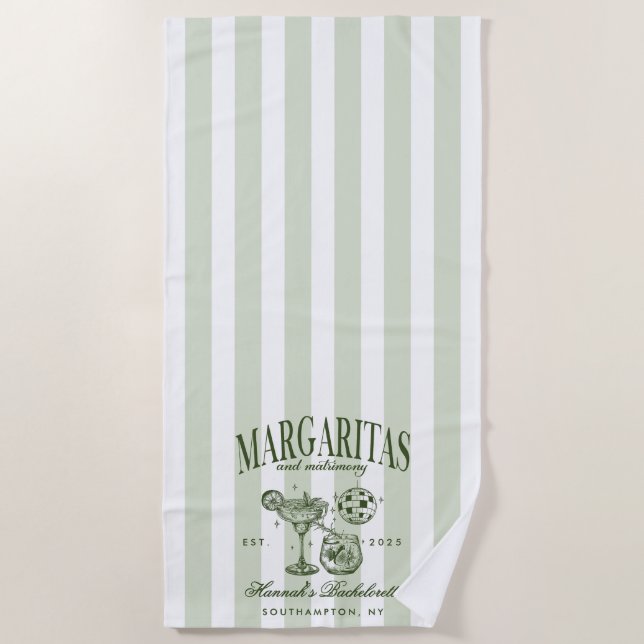 Retro Modern Margaritas and Matrimony Striped Bach Beach Towel (Front)