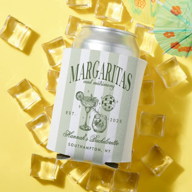 Retro Modern Margaritas and Matrimony Striped Bach Can Cooler (In Situ Summer)