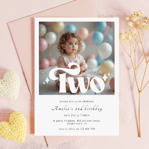 Retro Modern Minimalist 2nd Birthday Photo Invitation