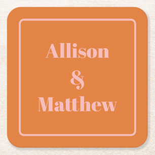 Retro Modern Minimalist Pink and Orange Names Square Paper Coaster