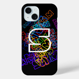 Retro-Modern Name & Monogram Bright Colours & Blac iPhone 15 Case