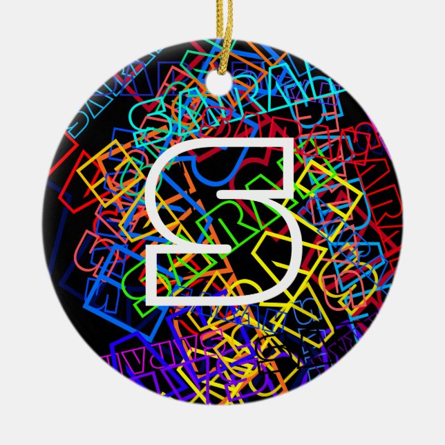 Retro-Modern Name & Monogram Bright Colours & Blac Ceramic Ornament (Front)