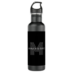 Retro Modern Name/s Editable Monogram Black & Grey 710 Ml Water Bottle