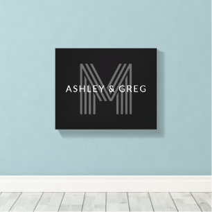 Retro Modern Name/s Editable Monogram Black & Grey Canvas Print