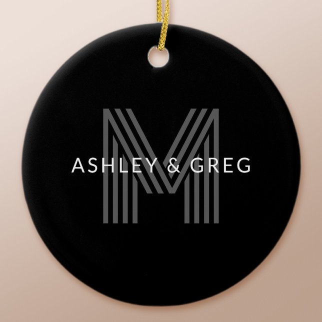 Retro Modern Name/s Editable Monogram Black & Grey Ceramic Ornament (Creator Uploaded)