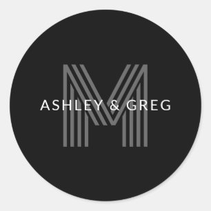 Retro Modern Name/s Editable Monogram Black & Grey Classic Round Sticker