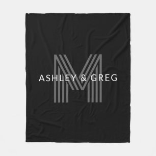 Retro Modern Name/s Editable Monogram Black & Grey Fleece Blanket