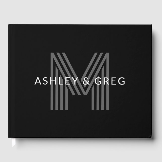 Retro Modern Name/s Editable Monogram Black & Grey Guest Book (Front)