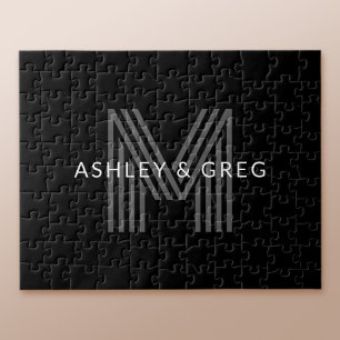 Retro Modern Name/s Editable Monogram Black & Grey Jigsaw Puzzle