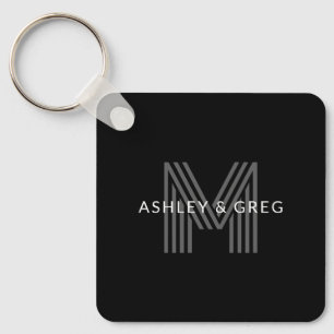 Retro Modern Name/s Editable Monogram Black & Grey Keychain