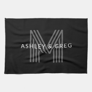 Retro Modern Name/s Editable Monogram Black & Grey Kitchen Towel